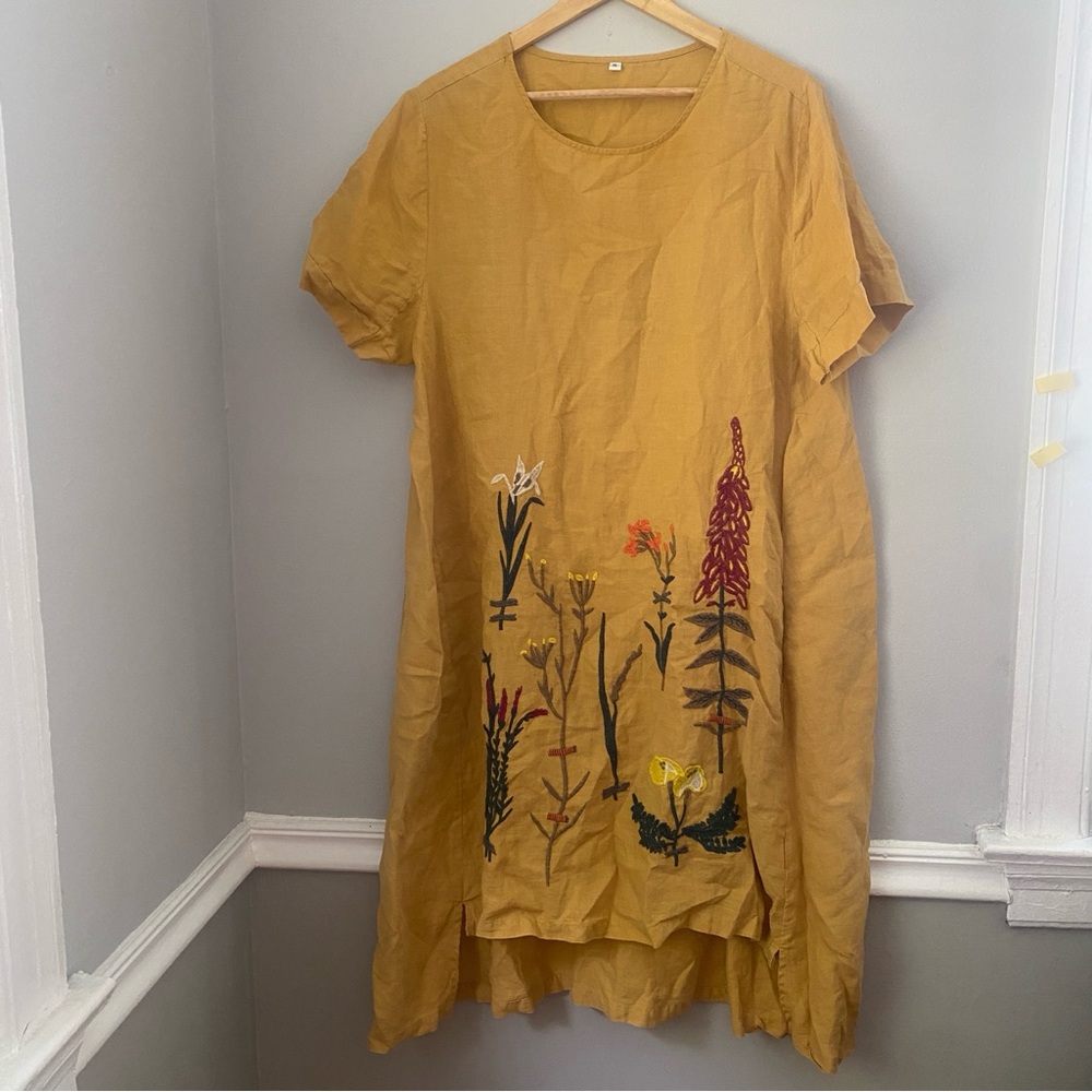 Yellow mustard linen cotton short sleeve embroidered midi dress XL